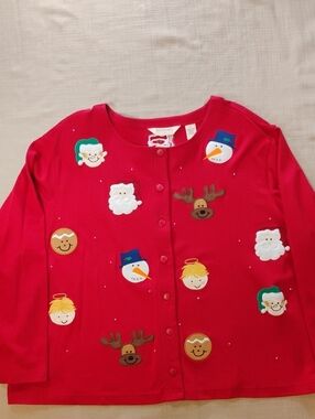 Women's Size 3XL Bechamel Red Holiday Button-Front Shirt with Festive Faces